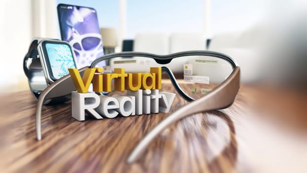 Virtual reality glasses, smartphone and smartwatch on wooden table. 3D illustration.