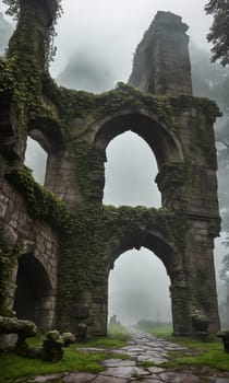 Mist-Clad Ruins. The remnants of an ancient castle, shrouded in mist. Ivy-clad walls crumble gracefully, and forgotten statues guard the entrance.