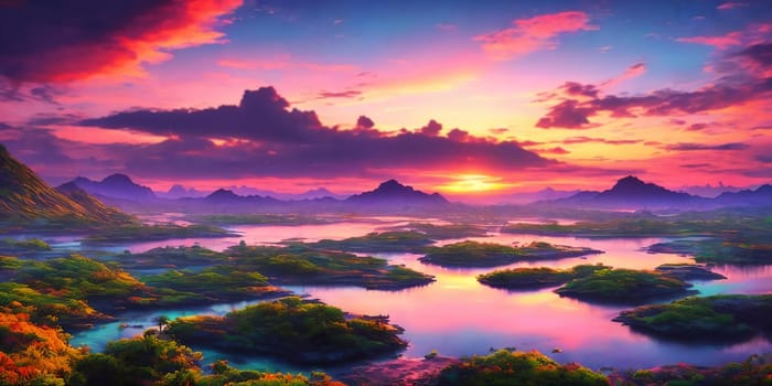 Sunset paints the sky in hues of pink and blue over a tranquil sea, palm trees lining the shore on Paradise fantasy planet.