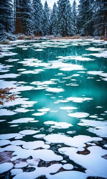 Frozen Fairy Pond. In the heart of a snow-covered forest, a pond lies frozen. Delicate frost patterns adorn its surface, and beneath the ice, mythical creatures slumber.The stillness and magic of winter.