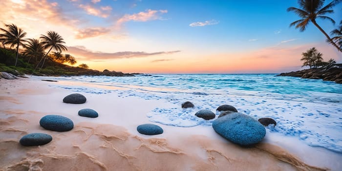A sunset paints the sky in hues of orange pink over a tranquil beach with a palm tree swaying gently. Waves kiss the shore. Generative AI.