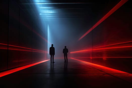 Industrial interior while security alert. Men stopped by security system. Futuristic surveillance system scanning space. Red alert. Traces of moving lights in darkness. Emergency status. Security powered by artificial intelligence