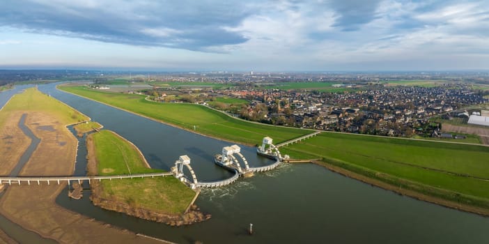 Aerial view of the Driel Weir in the Netherlands. It makes part of the weir complex Amerongen, consisting of locks, a weir and a fishway in the Rhine river (Nederrijn).