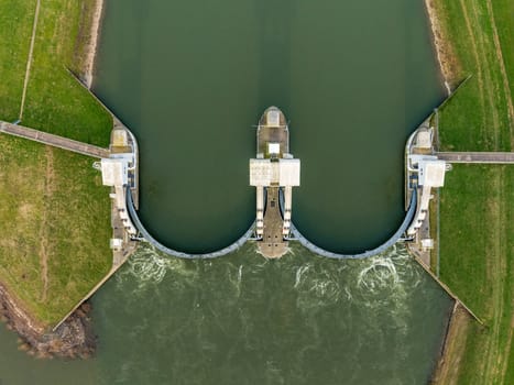 Aerial view of the Driel Weir in the Netherlands. It makes part of the weir complex Amerongen, consisting of locks, a weir and a fishway in the Rhine river (Nederrijn).