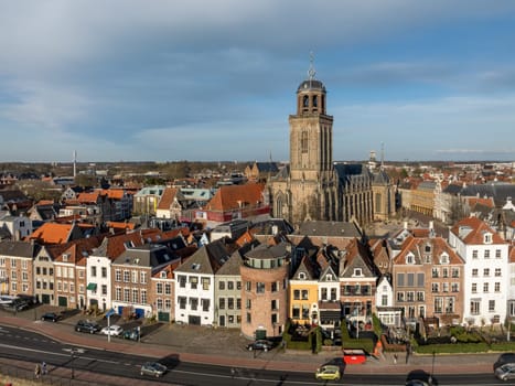 Aerial view on the Lebuinus church from above the IJssel river