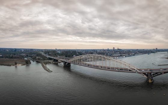 Aerial view of the Waal Bridge, a suspension bridge over the Waal river at Nijmegen, Netherlands