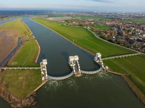 Aerial view of the Driel Weir in the Netherlands. It makes part of the weir complex Amerongen, consisting of locks, a weir and a fishway in the Rhine river (Nederrijn).