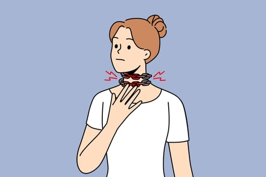 Suffocation in girl with chain around neck, in need of treatment for illness caused by malfunction of heart or lungs. Woman suffers from suffocation squeezing throat and blocking access of oxygen