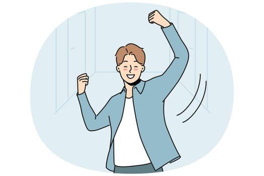 Overjoyed man dance celebrate success. Smiling male employee have fun enjoy win or victory in office. Achievement and reward. Vector illustration.
