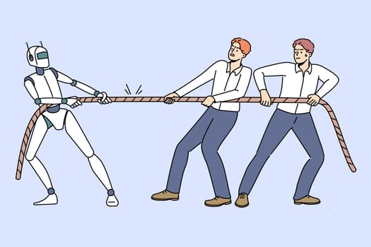 Competition peoples and robot in tug of war, as metaphor for struggle for job. Strong robot demonstrates superiority over office employees are unable to defeat technology and innovation in business.