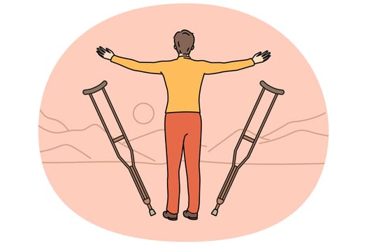 Disabled man let go of crutches face sunset enjoy recovery. Back view of recovered handicapped male enjoy dusk in nature. Hope and miracle concept. Vector illustration.