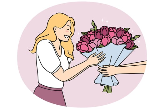 Excited woman get flowers from courier or deliveryman. Smiling girl receive floral bouquet for birthday pr anniversary. Vector illustration.