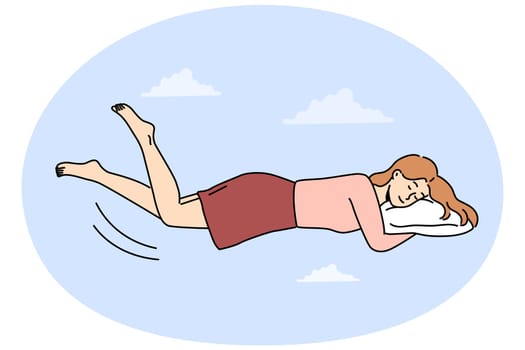 Happy woman lying on pillow levitate in air enjoy dreaming or relaxing. Calm girl sleep see dreams. Relaxation and fatigue. Vector illustration.