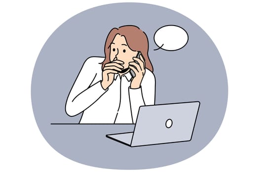 Female employee sit at desk work on laptop leak company information to rival. Businesswoman share confidential data to competitor on phone. Vector illustration.