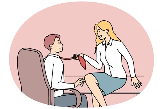 Businesswoman seduce male employee in office. Female CEO or boss flirt with man subordinate at workplace. Sexual harassment. Vector illustration.