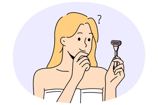 Confused woman in towel after shower hold razor think of shaving. Frustrated girl consider epilation procedure. Beauty and cosmetology. Vector illustration.
