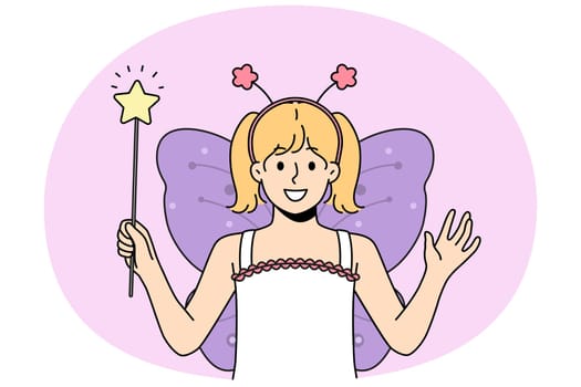 Smiling little girl in butterfly costume holding star fairy wand in hands. Happy kid in apparel for masquerade or party. Vector illustration.
