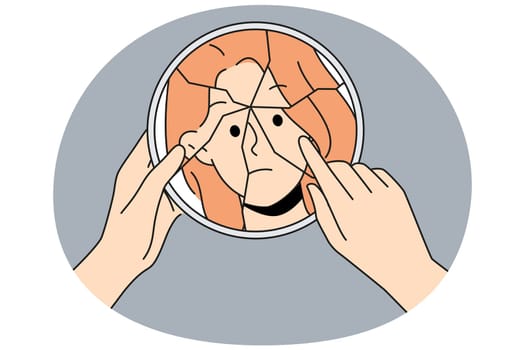 Woman look in broken mirror suffer from bipolar disorder. Unhappy girl struggle with personality disorder. Mental and psychological problems. Vector illustration.