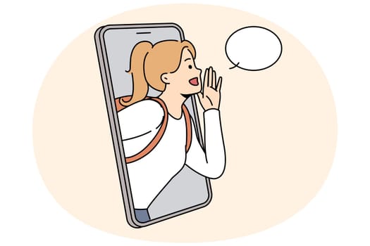 Girl with backpack make hand gesture scram form cellphone screen about good sale deal or promotion. Woman with hands as megaphone make announcement. Vector illustration.