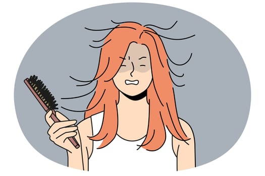 Unhappy woman holding hairbrush in hands struggle with static hair. Upset angry girl have static hairstyle. Vector illustration.