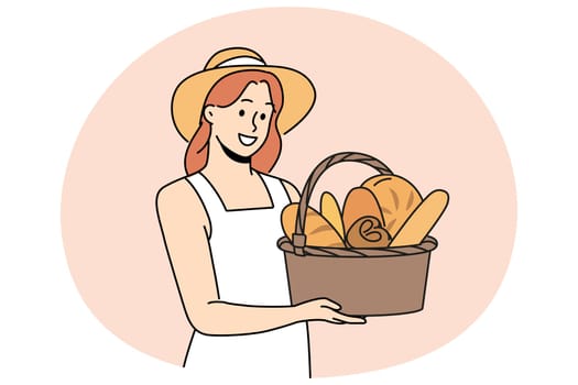 Smiling woman in straw hat holding basket with bread. Happy girl holding fresh pastry in hands. Bakery and bake shop concept. Vector illustration.