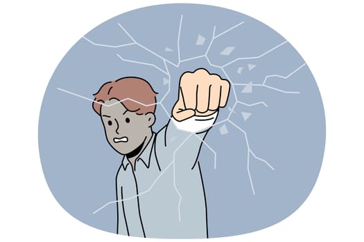 Angry man break glass with fist. Furious male employee punch with hand crash glass. Problem and emotion control. Vector illustration.