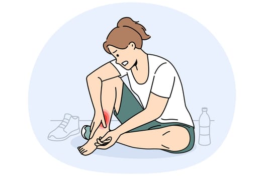 Unhealthy woman sit on floor in gym touch hurt ankle. Unwell girl suffer from trauma or injury exercising or doing sports. Vector illustration.