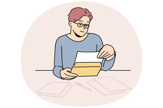 Man sit at table at home open correspondence. Male in glasses read message or text in postal letter. Post and notification. Vector illustration.