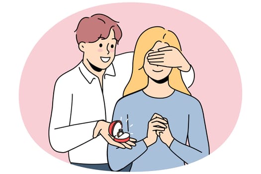 Loving man close excited woman eyes make marriage proposal. Smiling guy surprise girl with engagement ring. Weeding and relationship. Vector illustration.