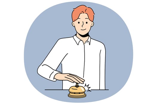 Smiling man ringing bell at hotel reception calling personnel. Happy male client or customer press ringer at administration counter. Vector illustration.