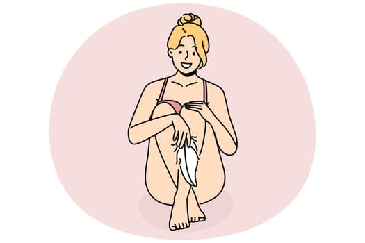 Smiling woman in underwear touching legs with soft feather. Happy girl with feather. Epilation and hair removal. Vector illustration.
