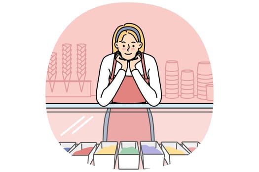 Smiling saleswoman standing near counter in ice cream shop. Happy female business owner selling gelato in cafe. Vector illustration.