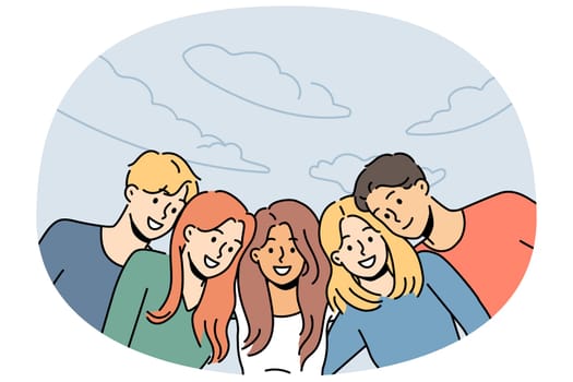 Smiling diverse friends posing together enjoy walk in park. Happy men and women have fun relaxing in summertime. Vector illustration.