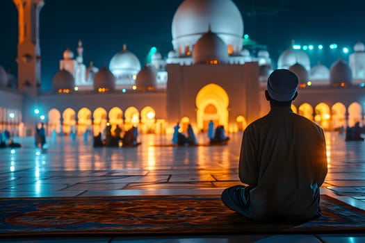 Muslim prayer in white clothes sitting in front of mosque at Ramadan night with selective focus. Neural network generated in January 2024. Not based on any actual scene or pattern.