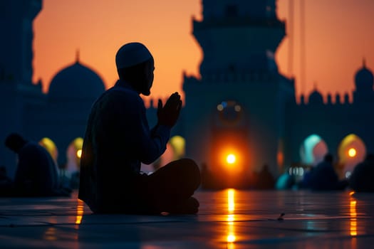 Senior Muslim prayer in white clothes sitting in front of mosque at Ramadan night with selective focus. Neural network generated in January 2024. Not based on any actual scene or pattern.