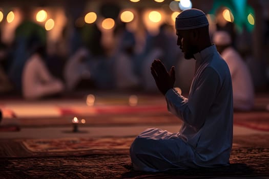 Senior Muslim prayer in white clothes sitting in front of mosque at Ramadan night with selective focus. Neural network generated in January 2024. Not based on any actual scene or pattern.