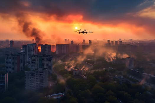 Copter drone over burning city at sunset or sunrise. Neural network generated image. Not based on any actual scene or pattern.