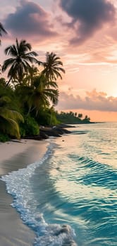 tropical beach view at sunset or sunrise with white sand, turquoise water and palm trees. Neural network generated image. Not based on any actual scene or pattern.