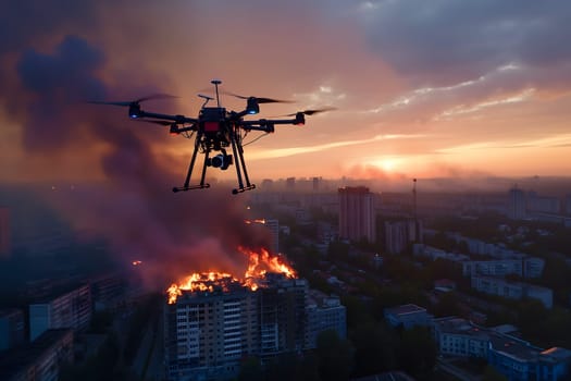 Copter drone over burning city at sunset or sunrise. Neural network generated image. Not based on any actual scene or pattern.