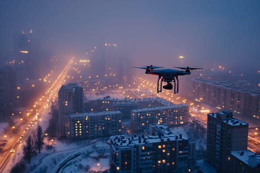 Flying drone above the city at snowy winter night. Neural network generated image. Not based on any actual scene or pattern.