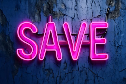 Neon word save on dark shabby wall. Neural network generated image. Not based on any actual scene or pattern.