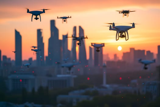 Group of drones over city at summer morning. Neural network generated image. Not based on any actual scene or pattern.