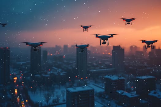 group of drones over city at winter sunset or sunrise. Neural network generated image. Not based on any actual scene or pattern.