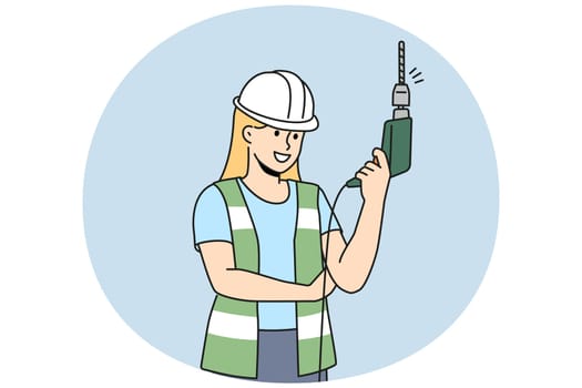 Smiling woman in helmet and uniform with electric drill in hands. Happy female mechanic in protective gear holding instrument. Vector illustration.