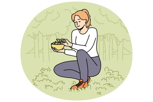Woman collecting leaves in forest. Happy female gathering plants in wood, putting leaf in basket. Vector illustration.