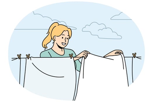 Smiling woman hanging fresh clothes on wire to dry outdoors. Happy housewife drying clothing on washing line. Household and chores. Vector illustration.