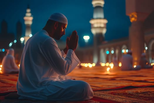 Senior Muslim prayer in white clothes sitting in front of mosque at Ramadan night with selective focus. Neural network generated in January 2024. Not based on any actual scene or pattern.