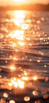 Sunset bokeh on water: golden sky over a body of water, with the light reflecting and creating a bokeh effect.. Neural network generated image. Not based on any actual scene or pattern.