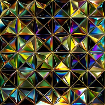 Seamless texture and full-frame background of colorful glass mosaic triangular tiles. Neural network generated image. Not based on any actual scene or pattern.