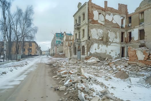 Ruined houses street after war. Neural network generated image. Not based on any actual scene or pattern.
